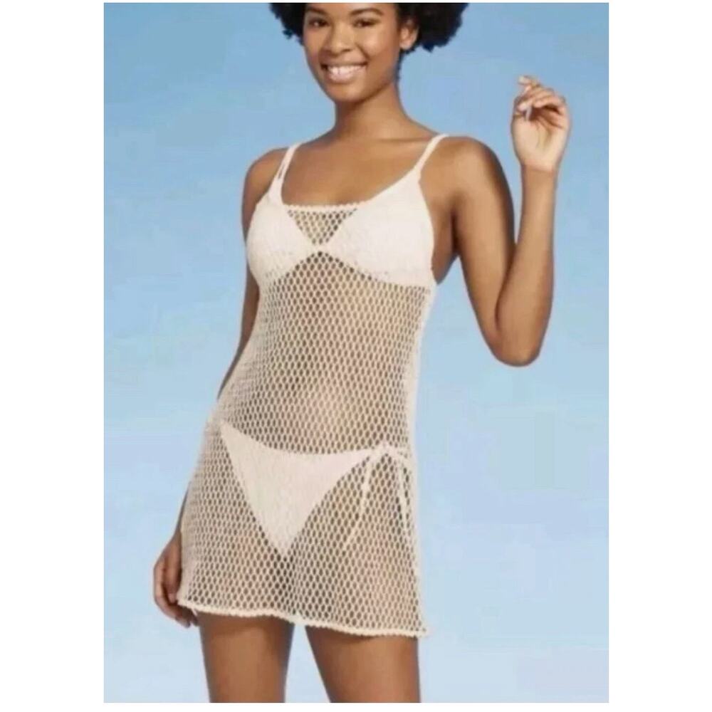 Wild Fable Womens Mesh Fishnet Swimsuit Cover-Up Tassel Tie Beige Mini Dress XL